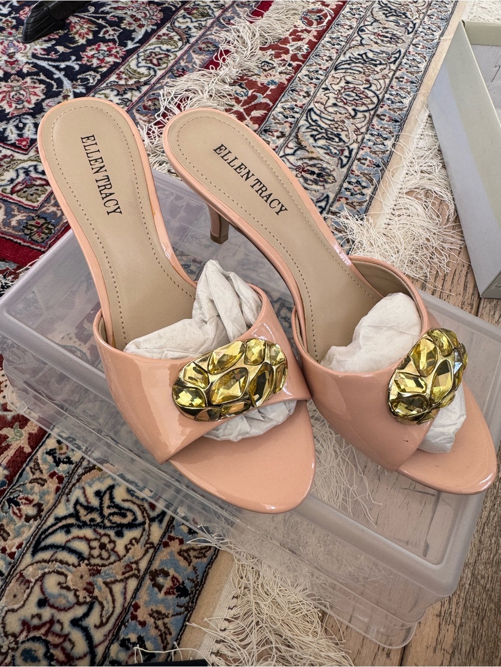Ellen Tracy Pink Patent Slip-On Mules with Gold Crystal Accent